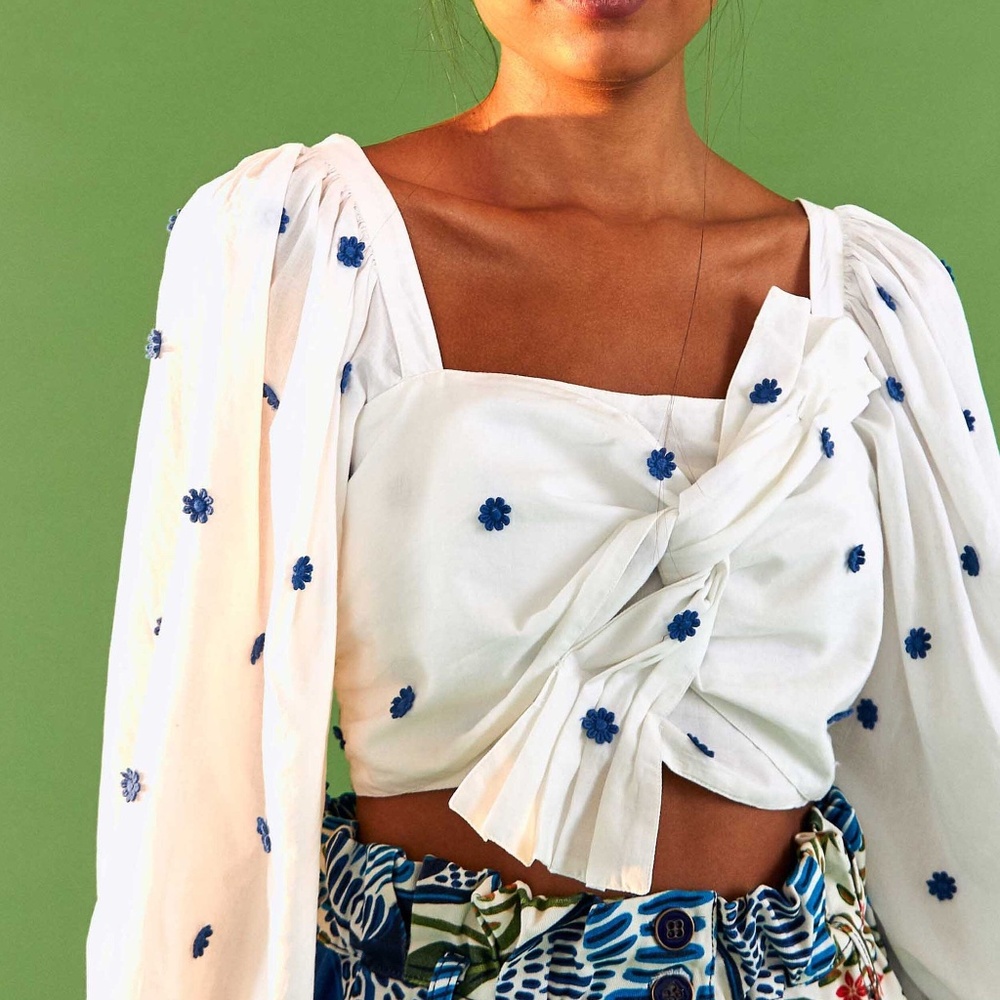 Blue Flowers Long Sleeve Crop Top